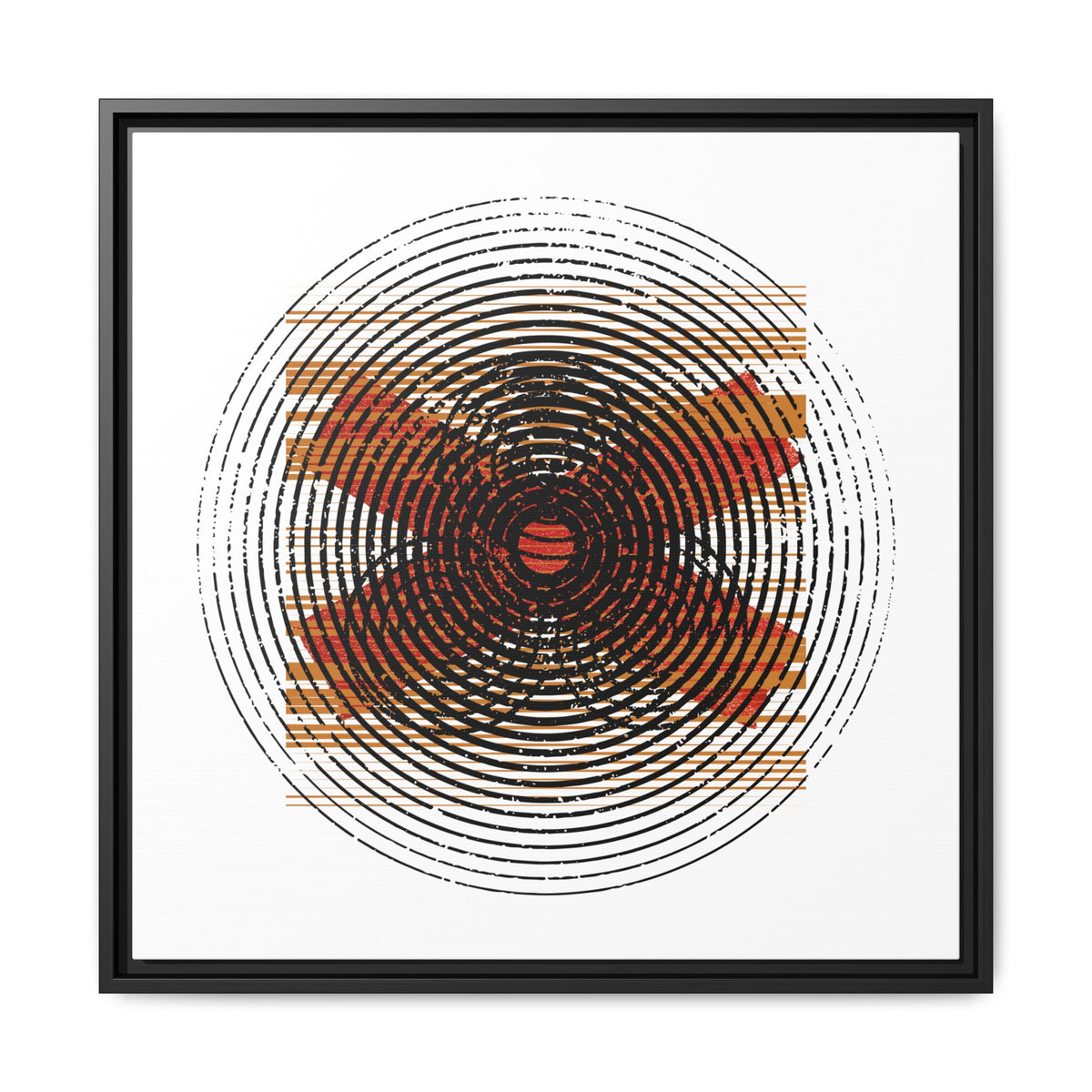 Framed abstract art print with concentric circular design on a white background