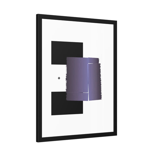 Framed abstract art with black and purple shapes on a white background