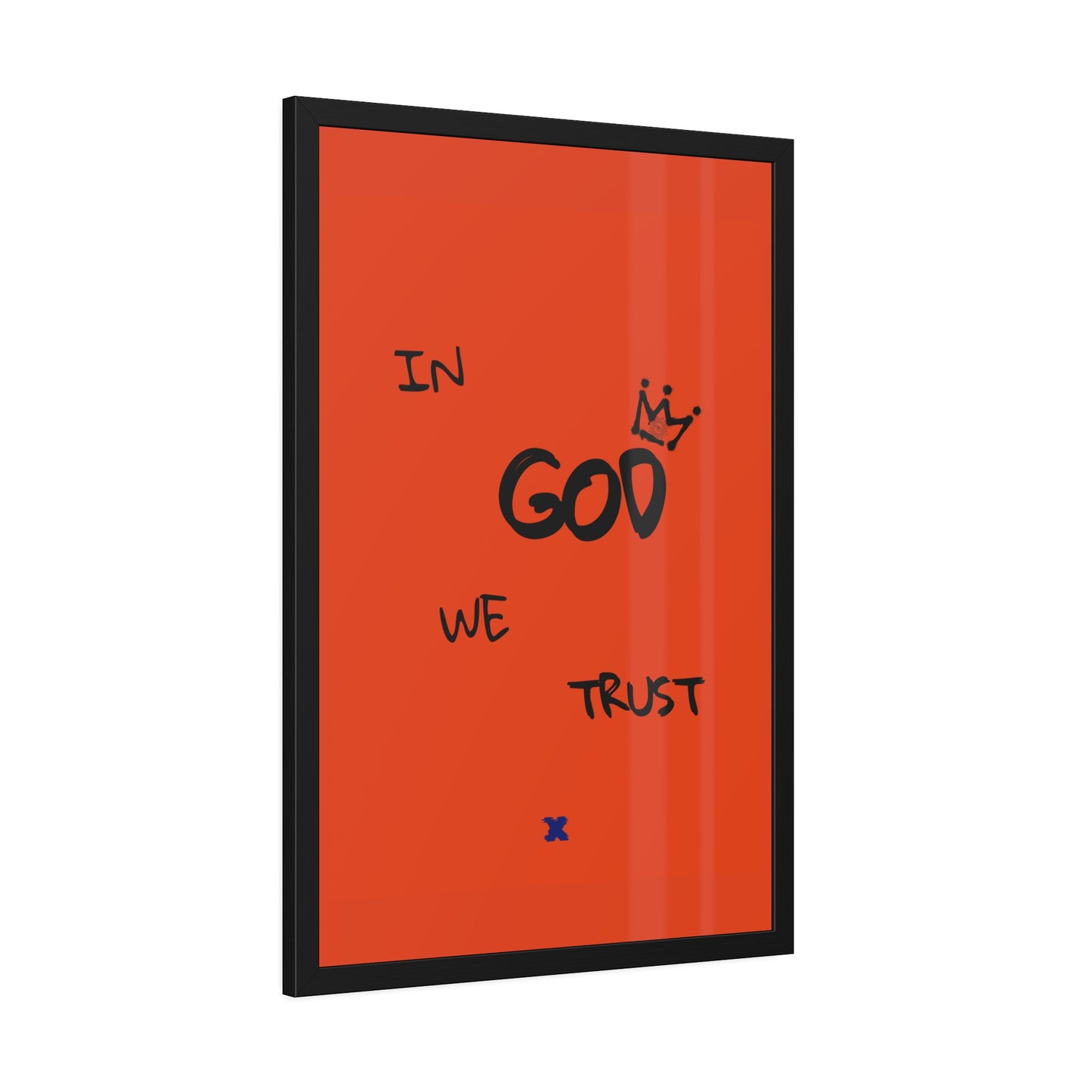 Framed poster with 'In God We Trust' text on a red background
