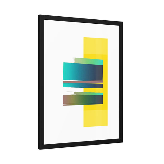 Framed abstract art with geometric shapes on a white background